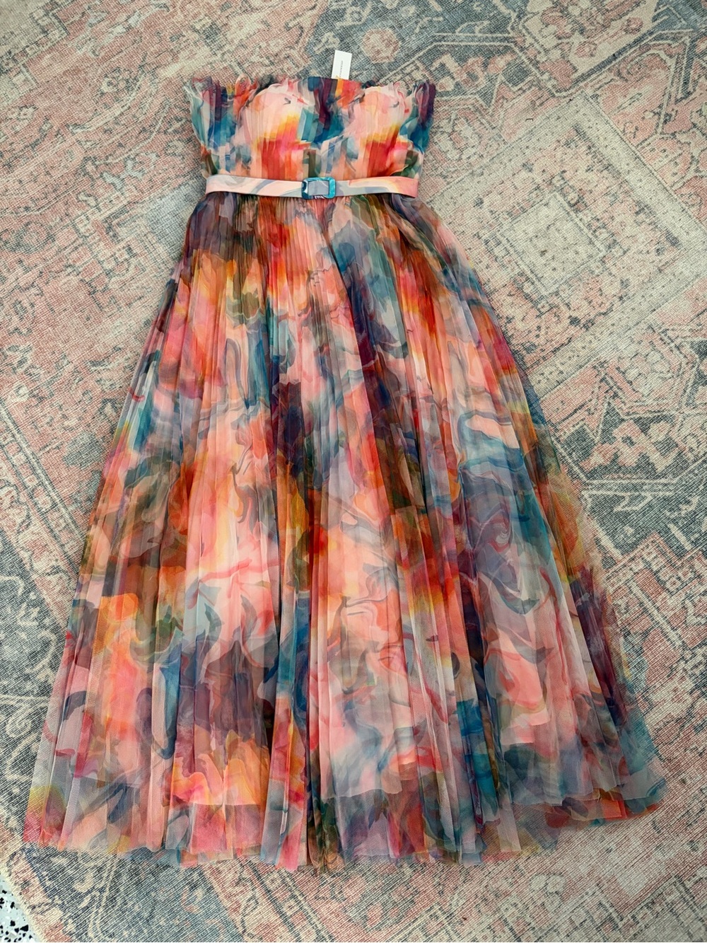 Anthropologie Multicolor Watercolor Midi Dress with Belt